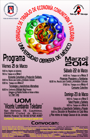 Jornadas de Trabajo de Economía Comunitaria y Solidaria los días 21, 22 y 23 de Marzo en la Universidad Obrera